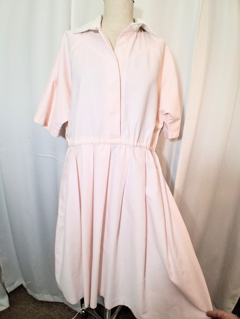Kenny Classics Vintage Soft Pink White Collared Cotton Midi Dress. Pleated, Lg.